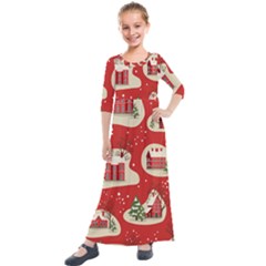 Christmas New Year Seamless Pattern Kids  Quarter Sleeve Maxi Dress