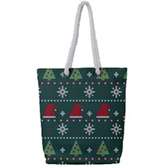 Beautiful Knitted Christmas Pattern Full Print Rope Handle Tote (small)