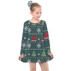 Beautiful Knitted Christmas Pattern Kids  Long Sleeve Dress by Vaneshart