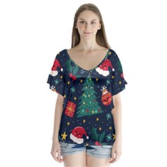 Colorful Funny Christmas Pattern V-neck Flutter Sleeve Top by Vaneshart