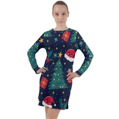 Colorful Funny Christmas Pattern Long Sleeve Hoodie Dress