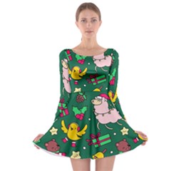 Funny Decoration Christmas Pattern Background Long Sleeve Skater Dress by Vaneshart