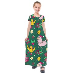 Funny Decoration Christmas Pattern Background Kids  Short Sleeve Maxi Dress by Vaneshart