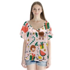 Colorful Funny Christmas Pattern V-neck Flutter Sleeve Top by Vaneshart