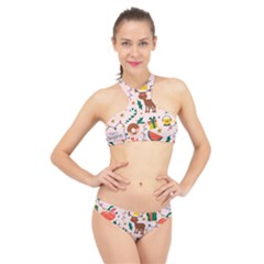 Colorful Funny Christmas Pattern High Neck Bikini Set