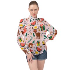 Colorful Funny Christmas Pattern High Neck Long Sleeve Chiffon Top by Vaneshart