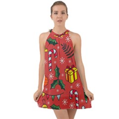 Colorful Funny Christmas Pattern Halter Tie Back Chiffon Dress by Vaneshart