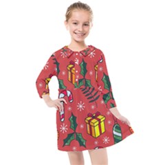 Colorful Funny Christmas Pattern Kids  Quarter Sleeve Shirt Dress by Vaneshart