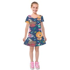 Funny Animal Christmas Pattern Kids  Short Sleeve Velvet Dress