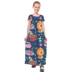 Funny Animal Christmas Pattern Kids  Short Sleeve Maxi Dress