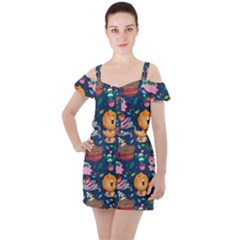 Funny Animal Christmas Pattern Ruffle Cut Out Chiffon Playsuit by Vaneshart