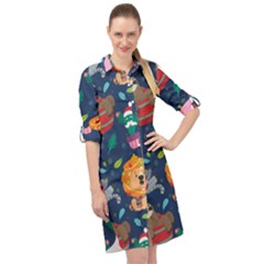 Funny Animal Christmas Pattern Long Sleeve Mini Shirt Dress by Vaneshart