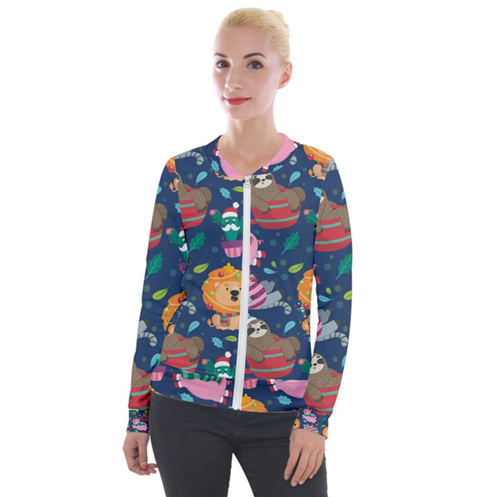 Funny Animal Christmas Pattern Velour Zip Up Jacket