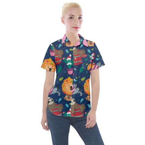 Funny Animal Christmas Pattern Women s Short Sleeve Pocket Shirt by Vaneshart