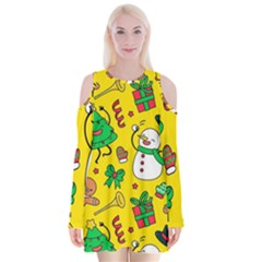 Funny Decoration Christmas Pattern Velvet Long Sleeve Shoulder Cutout Dress by Vaneshart