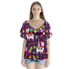 Colorful Funny Christmas Pattern V-neck Flutter Sleeve Top by Vaneshart