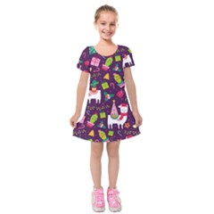 Colorful Funny Christmas Pattern Kids  Short Sleeve Velvet Dress