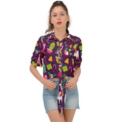 Colorful Funny Christmas Pattern Tie Front Shirt  by Vaneshart