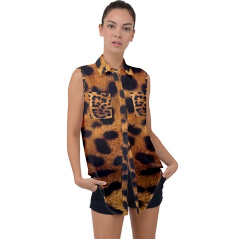 Leopard Skin Pattern Background Sleeveless Chiffon Button Shirt by Vaneshart