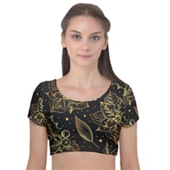 Christmas Pattern With Vintage Flowers Velvet Short Sleeve Crop Top  by Vaneshart