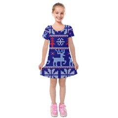 Knitted Christmas Pattern Kids  Short Sleeve Velvet Dress