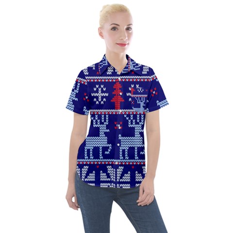 Knitted Christmas Pattern Women s Short Sleeve Pocket Shirt by Vaneshart