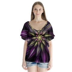 Fractal Flower Floral Abstract V-neck Flutter Sleeve Top