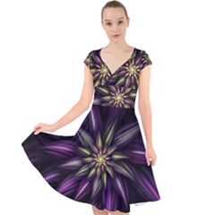 Fractal Flower Floral Abstract Cap Sleeve Front Wrap Midi Dress