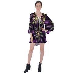 Fractal Flower Floral Abstract V-neck Flare Sleeve Mini Dress by HermanTelo