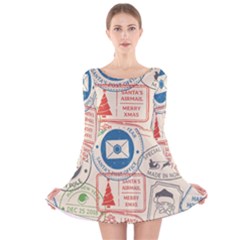 Christmas Postal Pattern Long Sleeve Velvet Skater Dress