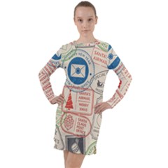 Christmas Postal Pattern Long Sleeve Hoodie Dress