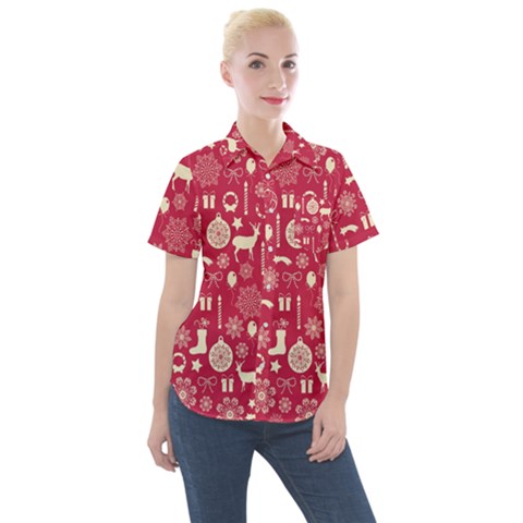 Christmas Pattern Background Women s Short Sleeve Pocket Shirt by Vaneshart