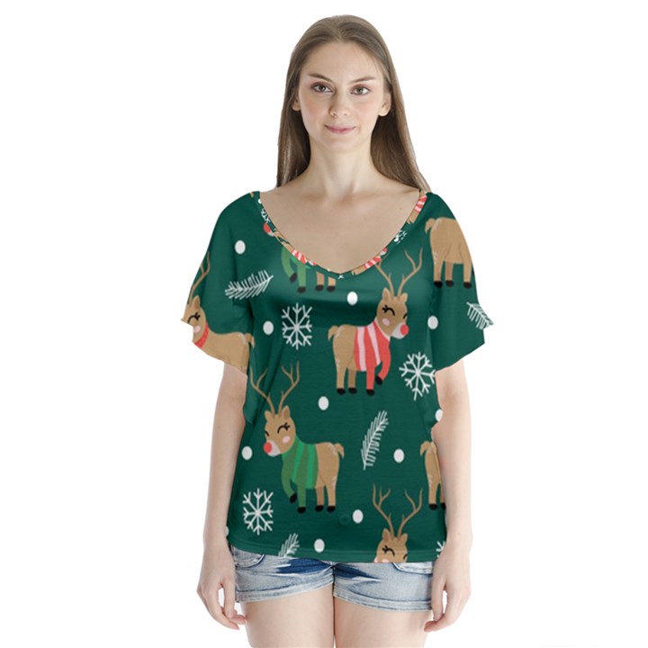 Cute Christmas Pattern Doodl V-Neck Flutter Sleeve Top