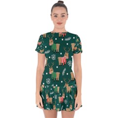 Cute Christmas Pattern Doodl Drop Hem Mini Chiffon Dress