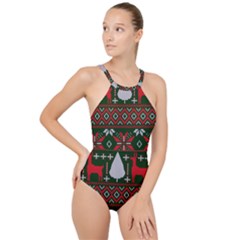 Christmas Pattern Knitted Design High Neck One Piece Swimsuit by Vaneshart