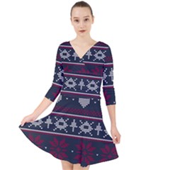 Beautiful Knitted Christmas Pattern Quarter Sleeve Front Wrap Dress