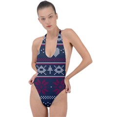 Beautiful Knitted Christmas Pattern Backless Halter One Piece Swimsuit