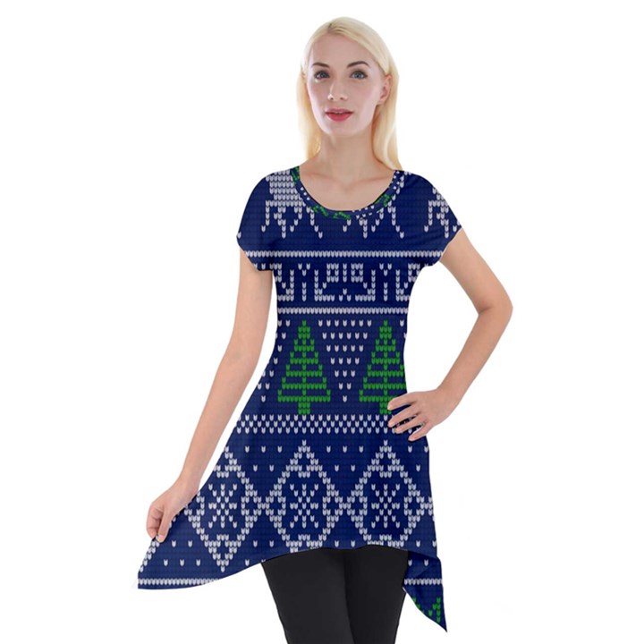 Beautiful Knitted Christmas Pattern Blur Green Short Sleeve Side Drop Tunic