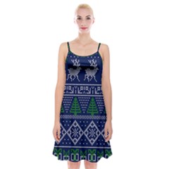 Beautiful Knitted Christmas Pattern Blur Green Spaghetti Strap Velvet Dress