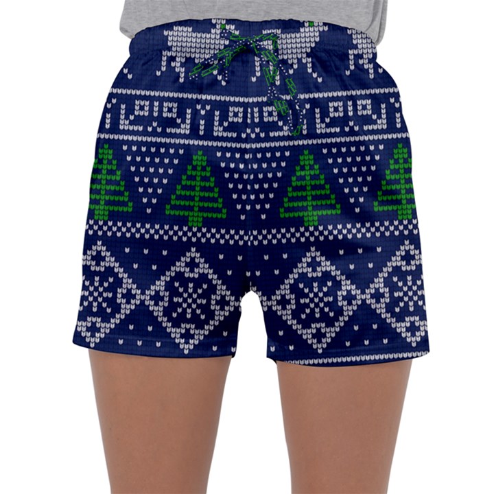 Beautiful Knitted Christmas Pattern Blur Green Sleepwear Shorts