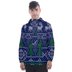 Beautiful Knitted Christmas Pattern Blur Green Men s Front Pocket Pullover Windbreaker