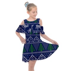 Beautiful Knitted Christmas Pattern Blur Green Kids  Shoulder Cutout Chiffon Dress