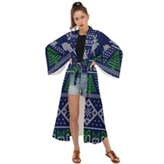 Beautiful Knitted Christmas Pattern Blur Green Maxi Kimono