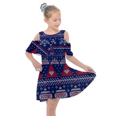 Beautiful Knitted Christmas Pattern Kids  Shoulder Cutout Chiffon Dress