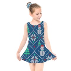 Knitted Christmas Pattern Kids  Skater Dress Swimsuit