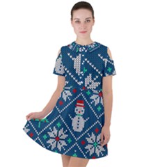 Knitted Christmas Pattern Short Sleeve Shoulder Cut Out Dress 