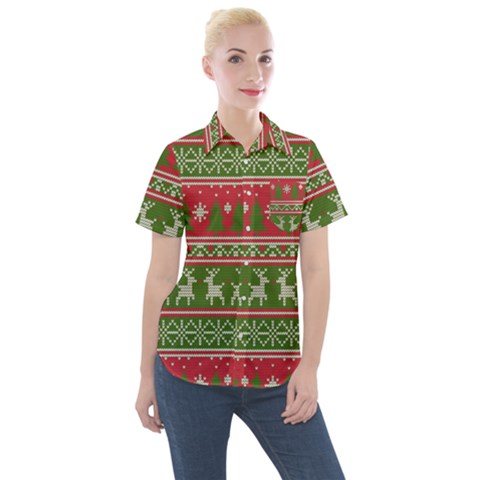 Christmas Knitting Pattern Women s Short Sleeve Pocket Shirt by Vaneshart