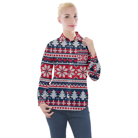 Beautiful Knitted Christmas Pattern Women s Long Sleeve Pocket Shirt by Vaneshart