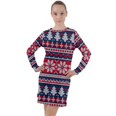 Beautiful Knitted Christmas Pattern Long Sleeve Hoodie Dress