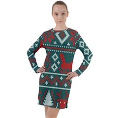 Beautiful Knitted Christmas Pattern Long Sleeve Hoodie Dress by Vaneshart